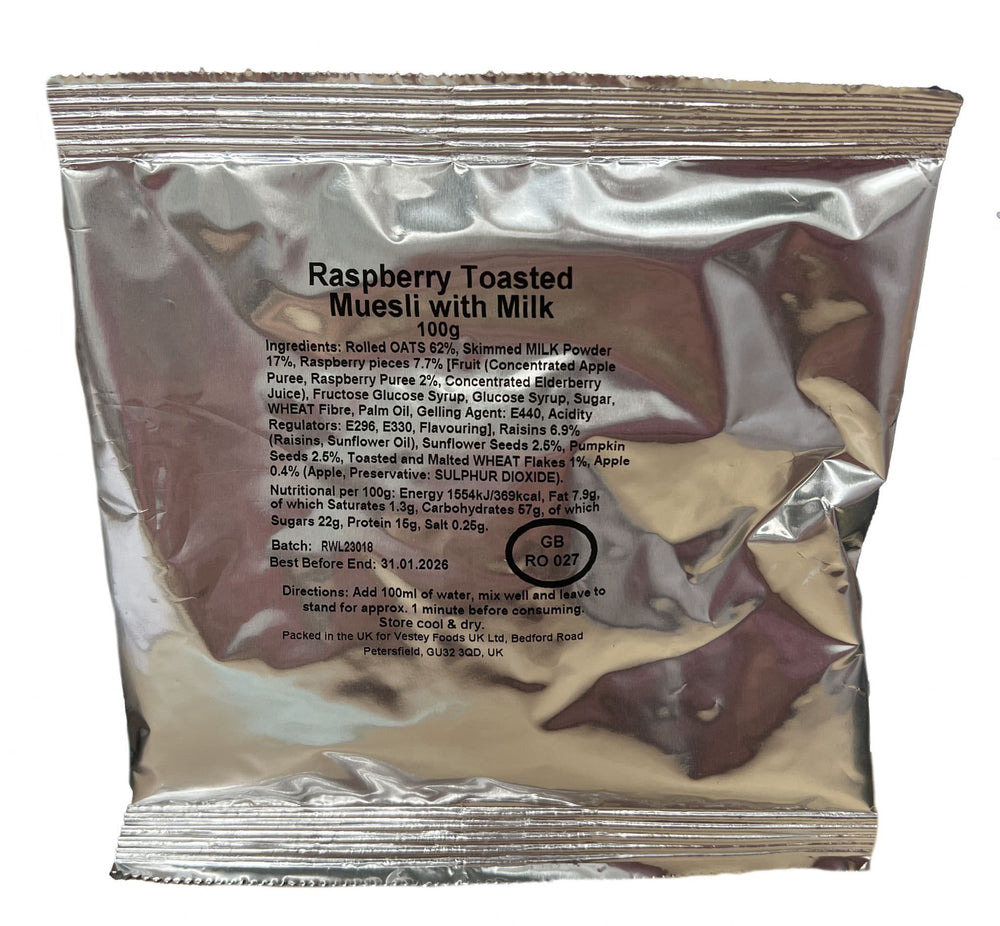 British Military Ration Meal Breakfast Pouch - Raspberry Toasted Muesli With Milk 100g