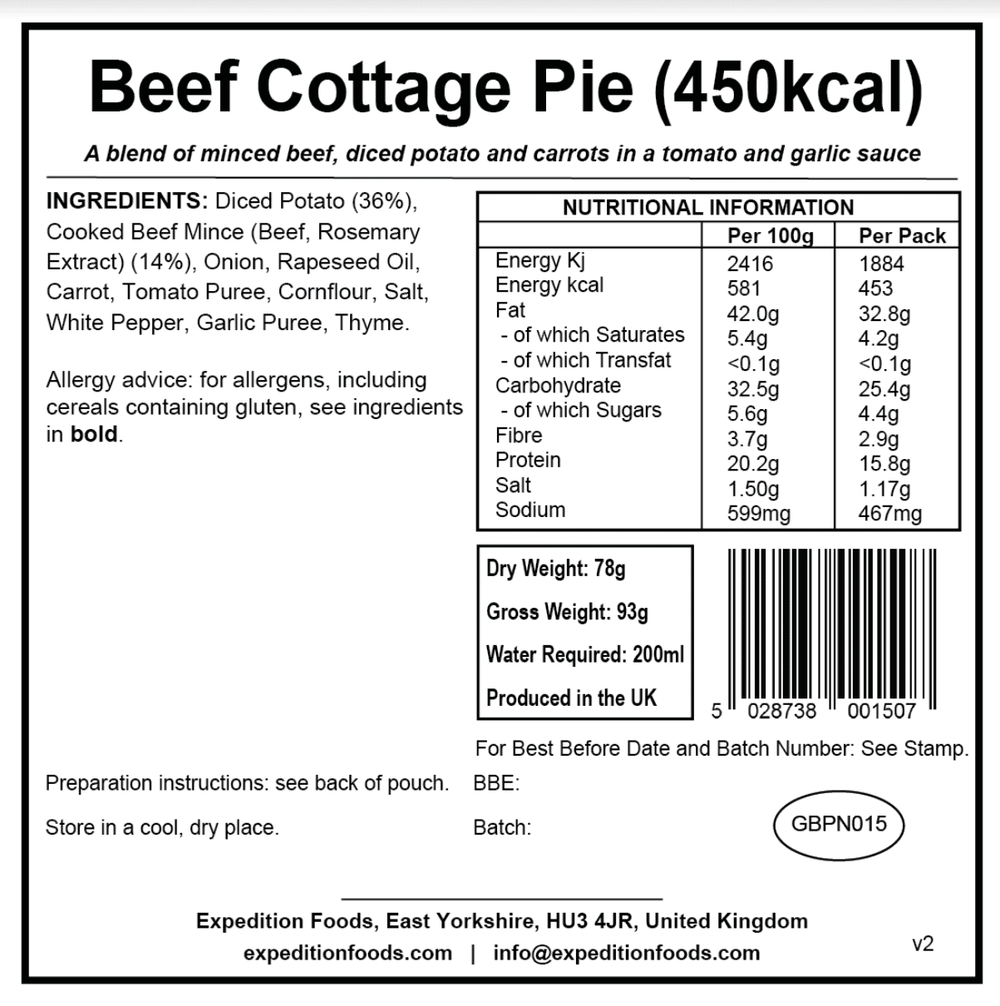 Expedition Foods Freeze Dried Meal Pouch - Beef Cottage Pie - Various Sizes