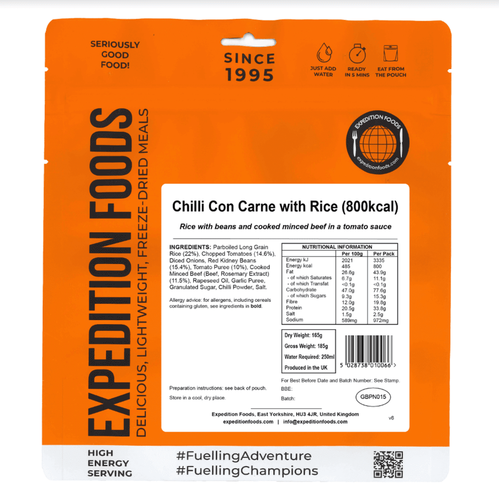 Expedition Foods Freeze Dried Meal Pouch - Chilli Con Carne With Rice - Various Sizes