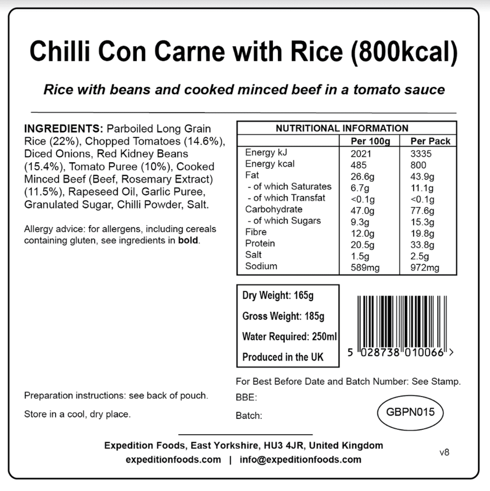 Expedition Foods Freeze Dried Meal Pouch - Chilli Con Carne With Rice - Various Sizes