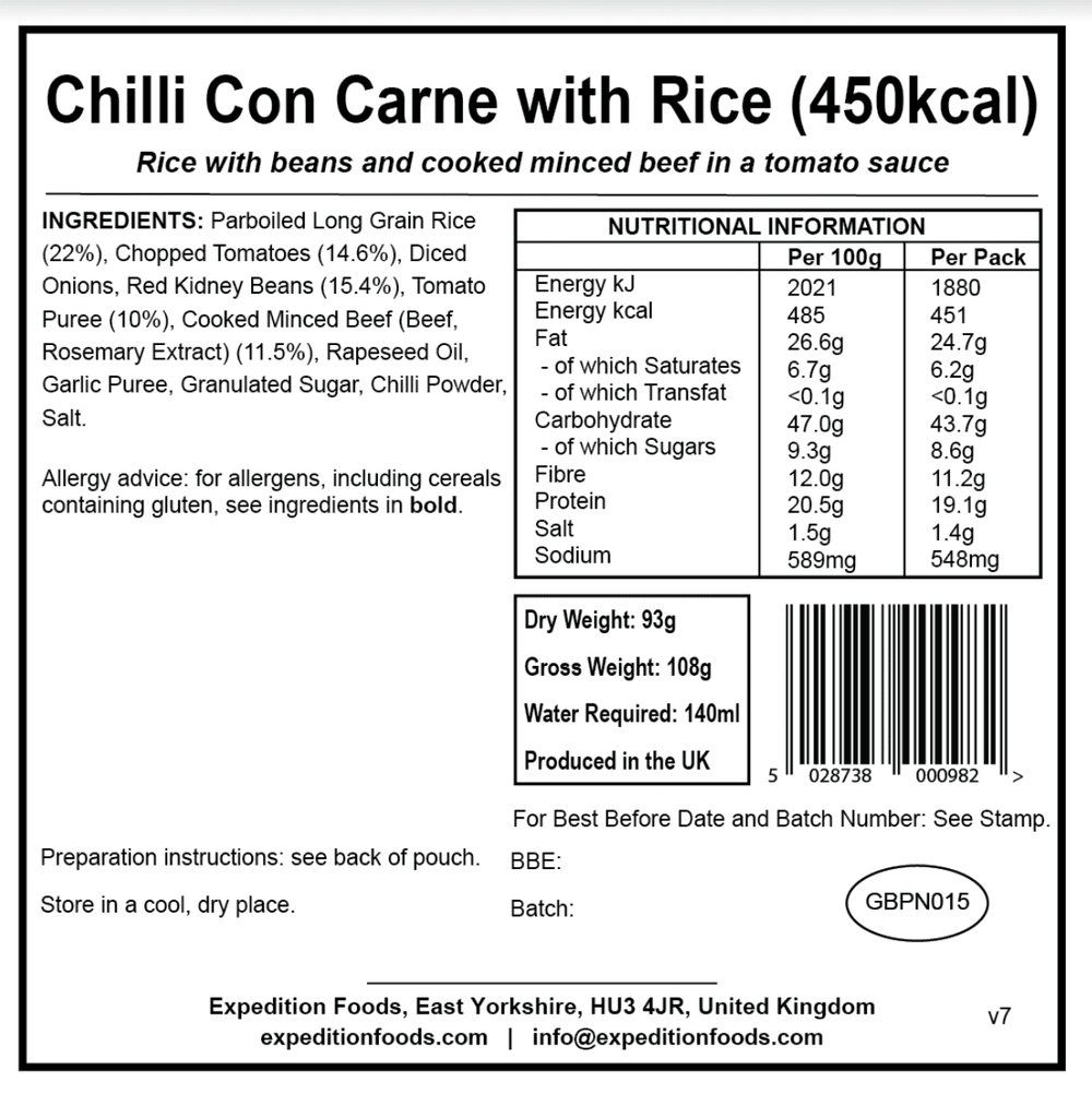 Expedition Foods Freeze Dried Meal Pouch - Chilli Con Carne With Rice - Various Sizes
