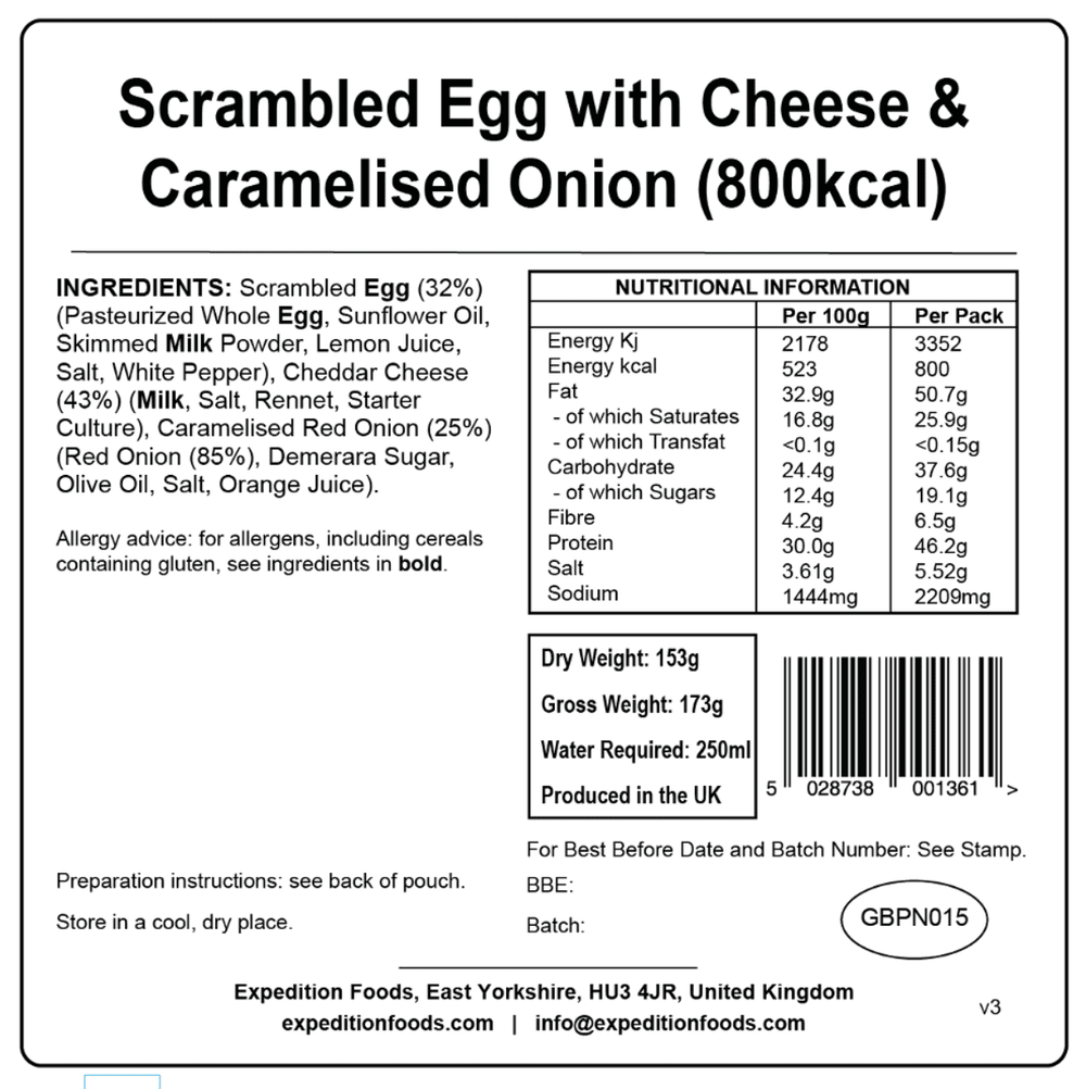 Expedition Foods Freeze Dried Meal Pouch - Scrambled Egg, Cheese & Caramelised Onion - Various Sizes
