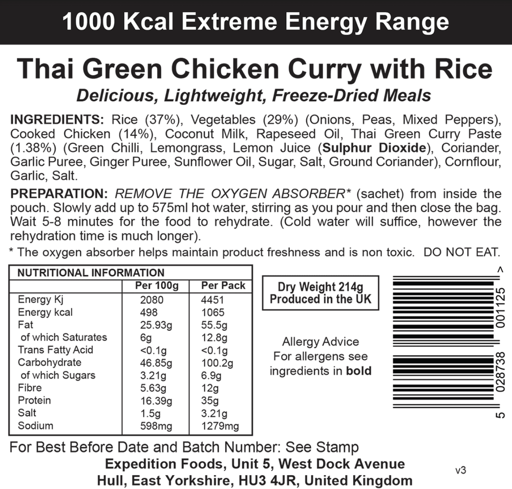 Expedition Foods Freeze Dried Meal Pouch - Thai Green Chicken Curry With Rice - Various Sizes