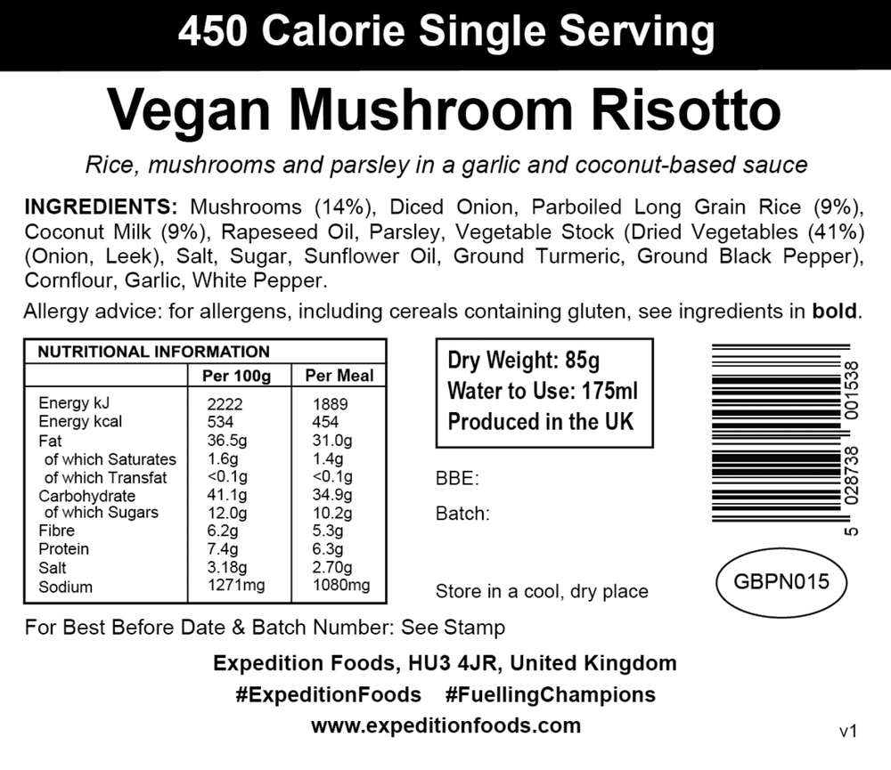 Expedition Foods Freeze Dried Meal Pouch - Vegan Mushroom Risotto - Various Sizes