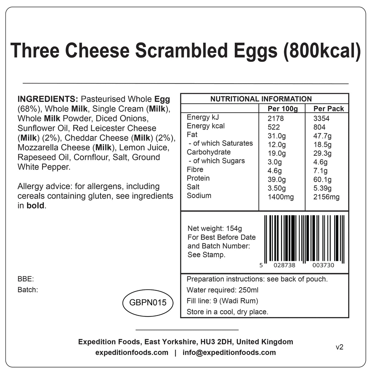 Expedition Foods Freeze Dried Meal Pouch - Three Cheese Scrambled Egg - Various Sizes