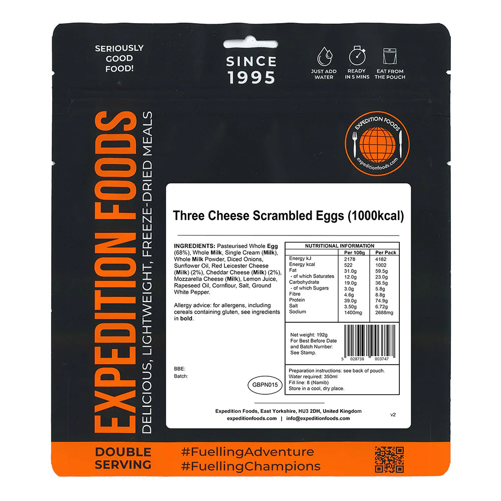 Expedition Foods packaging for Three Cheese Scrambled Eggs with branding and nutritional information.