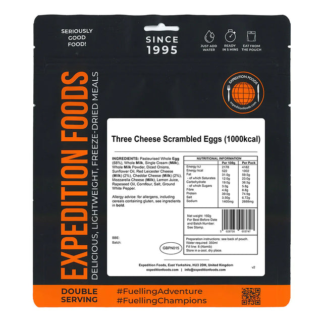Expedition Foods packaging for Three Cheese Scrambled Eggs with branding and nutritional information.
