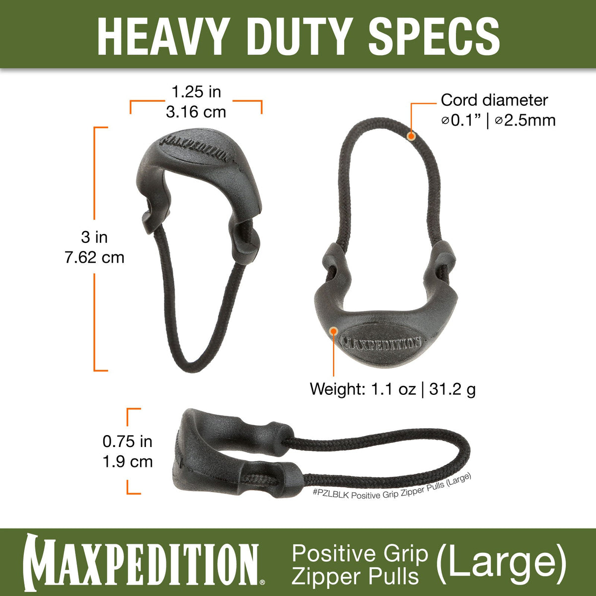 Maxpedition Large Grey  PZL Positive Zipper Pulls Pack of 6