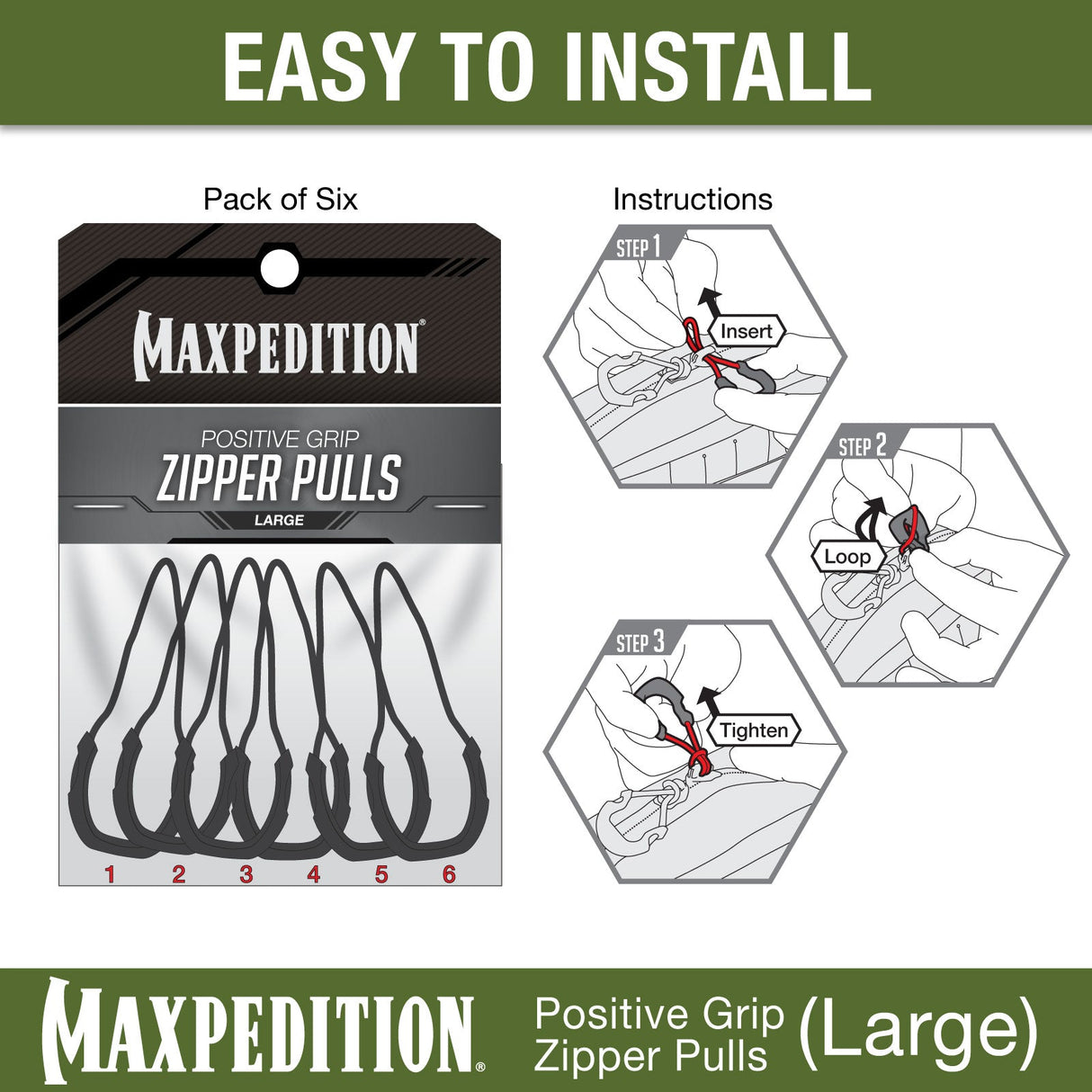 Maxpedition Large Tan PZL Positive Zipper Pulls Pack of 6