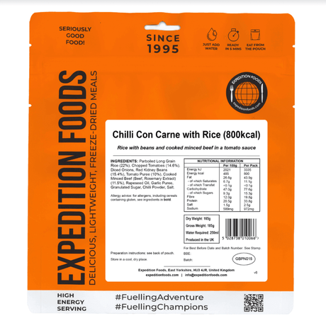 Expedition Foods Freeze Dried Meal Pouch - Chilli Con Carne With Rice - Various Sizes