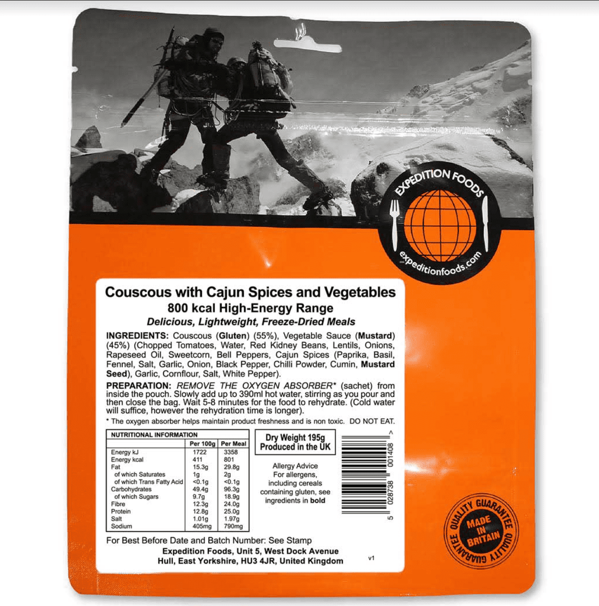 Expedition Foods Freeze Dried Meal Pouch - Vegan Couscous With Cajun Spices & Veg - Various Sizes